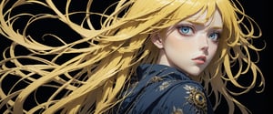 style of Tsutomu Nihei,
(incredibly absurdres, (high resolution:1.18), intricate detail, (masterpiece:1.1), (highest quality:1.1), absurdres) BREAK (1girl, solo, portrait, yellow hair, navy blue eyes, long hair, detailed eyes), (black background)