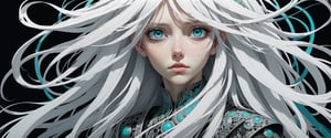 style of Tsutomu Nihei,
(incredibly absurdres, (high resolution:1.18), intricate detail, (masterpiece:1.1), (highest quality:1.1), absurdres) BREAK (1girl, solo, portrait, white hair, turquoise eyes, long hair, detailed eyes), black background