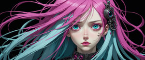 style of Tsutomu Nihei,
(incredibly absurdres, (high resolution:1.18), intricate detail, (masterpiece:1.1), (highest quality:1.1), absurdres) BREAK (1girl, solo, portrait, cyan hair, magenta eyes, long hair, detailed eyes), (black background)