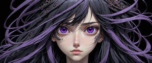 style of Tsutomu Nihei,
(incredibly absurdres, (high resolution:1.18), intricate detail, (masterpiece:1.1), (highest quality:1.1), absurdres) BREAK (1girl, solo, portrait, black hair, purple eyes, long hair, detailed eyes), (black background)