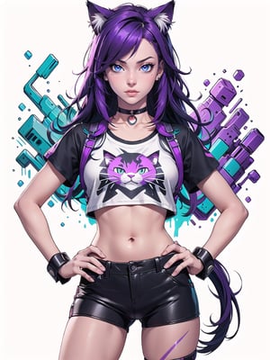 cat girl, cat ears, cyberpunk, long purple hair, cosmic eyes, small breasts, crop top t-shirt, hand on hip, choker collar, wrist cuffs, realistic, solo, close up, graffiti, modern, design, white background, abstract, colorful, Grt2c
