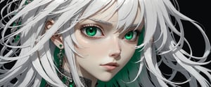 style of Tsutomu Nihei,
(incredibly absurdres, (high resolution:1.18), intricate detail, (masterpiece:1.1), (highest quality:1.1), absurdres) BREAK (1girl, solo, portrait, white hair, emerald eyes, long hair, detailed eyes), black background