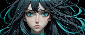 style of Tsutomu Nihei,
(incredibly absurdres, (high resolution:1.18), intricate detail, (masterpiece:1.1), (highest quality:1.1), absurdres) BREAK (1girl, solo, portrait, black hair, teal eyes, long hair, detailed eyes), (black background)