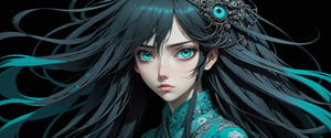 style of Tsutomu Nihei,
(incredibly absurdres, (high resolution:1.18), intricate detail, (masterpiece:1.1), (highest quality:1.1), absurdres) BREAK (1girl, solo, portrait, black hair, teal eyes, long hair, detailed eyes), (black background)