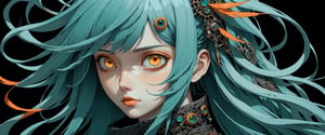style of Tsutomu Nihei,
(incredibly absurdres, (high resolution:1.18), intricate detail, (masterpiece:1.1), (highest quality:1.1), absurdres) BREAK (1girl, solo, portrait, teal hair, orange eyes, long hair, detailed eyes), (black background)