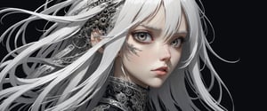 style of Tsutomu Nihei,
(incredibly absurdres, (high resolution:1.18), intricate detail, (masterpiece:1.1), (highest quality:1.1), absurdres) BREAK (1girl, solo, portrait, white hair, silver eyes, long hair, detailed eyes), (black background)