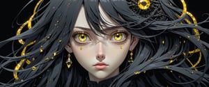 style of Tsutomu Nihei,
(incredibly absurdres, (high resolution:1.18), intricate detail, (masterpiece:1.1), (highest quality:1.1), absurdres) BREAK (1girl, solo, portrait, black obsidian hair, yellow crystal eyes, long hair, detailed eyes), (black background)