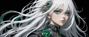 style of Tsutomu Nihei,
(incredibly absurdres, (high resolution:1.18), intricate detail, (masterpiece:1.1), (highest quality:1.1), absurdres) BREAK (1girl, solo, portrait, white hair, emerald eyes, long hair, detailed eyes), black background
