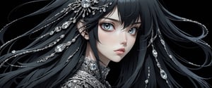 style of Tsutomu Nihei,
(incredibly absurdres, (high resolution:1.18), intricate detail, (masterpiece:1.1), (highest quality:1.1), absurdres) 
BREAK 
(1girl, solo, portrait, black hair, diamond eyes, long hair, detailed eyes), (black background)