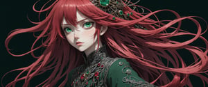 style of Tsutomu Nihei,
(incredibly absurdres, (high resolution:1.18), intricate detail, (masterpiece:1.1), (highest quality:1.1), absurdres) BREAK (1girl, solo, portrait, ruby hair, emerald eyes, long hair, detailed eyes), (black background)