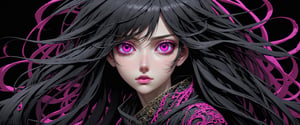 style of Tsutomu Nihei,
(incredibly absurdres, (high resolution:1.18), intricate detail, (masterpiece:1.1), (highest quality:1.1), absurdres) BREAK (1girl, solo, portrait, black hair, magenta eyes, long hair, detailed eyes), (black background)