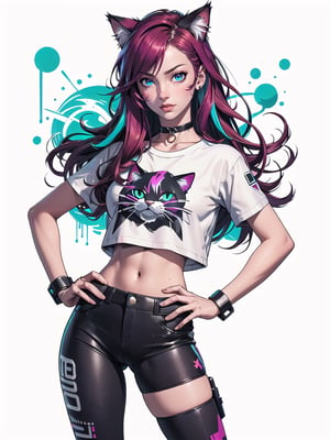 cat girl, cat ears, cyberpunk, long red hair, cosmic eyes, small breasts, crop top t-shirt, hand on hip, choker collar, wrist cuffs, realistic, solo, close up, graffiti, modern, design, white background, abstract, colorful, Grt2c