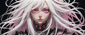 style of Tsutomu Nihei,
(incredibly absurdres, (high resolution:1.18), intricate detail, (masterpiece:1.1), (highest quality:1.1), absurdres) BREAK (1girl, solo, portrait, white hair, pink eyes, long hair, detailed eyes), black background