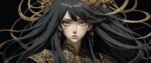 style of Tsutomu Nihei,
(incredibly absurdres, (high resolution:1.18), intricate detail, (masterpiece:1.1), (highest quality:1.1), absurdres) 
BREAK 
(1girl, solo, portrait, black hair, gold eyes, long hair, detailed eyes), (black background)