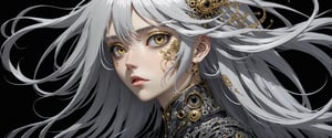 style of Tsutomu Nihei,
(incredibly absurdres, (high resolution:1.18), intricate detail, (masterpiece:1.1), (highest quality:1.1), absurdres) BREAK (1girl, solo, portrait, silver hair, gold eyes, long hair, detailed eyes), (black background)
