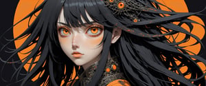 style of Tsutomu Nihei,
(incredibly absurdres, (high resolution:1.18), intricate detail, (masterpiece:1.1), (highest quality:1.1), absurdres) BREAK (1girl, solo, portrait, black hair, orange eyes, long hair, detailed eyes), black background