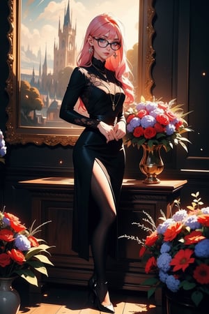 Beautiful 18 year old woman, (cosmic eyes), (strong physique), small breasts, pink hair, long_hair, (black glasses), vivid color bangs, hair between eyes, sad face. sexy look, vase of flowers, dutch masters, landscape painting in background, rembrant lighting, (extremely detailed CG unity 8k wallpaper), (((masterpiece))), (((best quality))), ((ultra-detailed)), (best illustration), (best shadow), ((an extremely delicate and beautiful)), ((full-body_portrait))