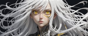 style of Tsutomu Nihei,
(incredibly absurdres, (high resolution:1.18), intricate detail, (masterpiece:1.1), (highest quality:1.1), absurdres) BREAK (1girl, solo, portrait, white hair, yellow eyes, long hair, detailed eyes),