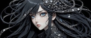 style of Tsutomu Nihei,
(incredibly absurdres, (high resolution:1.18), intricate detail, (masterpiece:1.1), (highest quality:1.1), absurdres) BREAK (1girl, solo, portrait, obsidian hair, diamond eyes, long hair, detailed eyes), (black background)