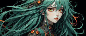 style of Tsutomu Nihei,
(incredibly absurdres, (high resolution:1.18), intricate detail, (masterpiece:1.1), (highest quality:1.1), absurdres) BREAK (1girl, solo, portrait, emerald hair, dark orange eyes, long hair, detailed eyes), (black background)