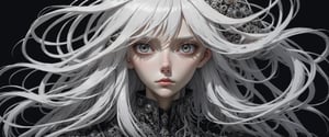 style of Tsutomu Nihei,
(incredibly absurdres, (high resolution:1.18), intricate detail, (masterpiece:1.1), (highest quality:1.1), absurdres) BREAK (1girl, solo, portrait, white hair, grey eyes, long hair, detailed eyes), (black background)