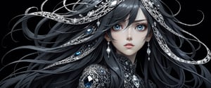 style of Tsutomu Nihei,
(incredibly absurdres, (high resolution:1.18), intricate detail, (masterpiece:1.1), (highest quality:1.1), absurdres) BREAK (1girl, solo, portrait, diamond hair, obsidian eyes, long hair, detailed eyes), (black background)