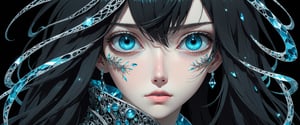 style of Tsutomu Nihei,
(incredibly absurdres, (high resolution:1.18), intricate detail, (masterpiece:1.1), (highest quality:1.1), absurdres) BREAK (1girl, solo, portrait, black hair, cyan crystal eyes, long hair, detailed eyes), (black background)