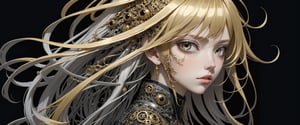 style of Tsutomu Nihei,
(incredibly absurdres, (high resolution:1.18), intricate detail, (masterpiece:1.1), (highest quality:1.1), absurdres) BREAK (1girl, solo, portrait, gold hair, silver eyes, long hair, detailed eyes), (black background)