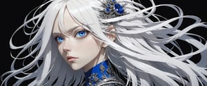 style of Tsutomu Nihei,
(incredibly absurdres, (high resolution:1.18), intricate detail, (masterpiece:1.1), (highest quality:1.1), absurdres) BREAK (1girl, solo, portrait, white hair, blue sapphire eyes, long hair, detailed eyes), black background