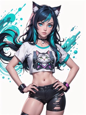 cat girl, cat ears, cyberpunk, long blue hair, cosmic eyes, small breasts, crop top t-shirt, hand on hip, choker collar, wrist cuffs, realistic, solo, close up, graffiti, modern, design, white background, abstract, colorful, Grt2c