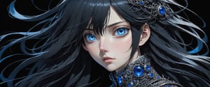 style of Tsutomu Nihei,
(incredibly absurdres, (high resolution:1.18), intricate detail, (masterpiece:1.1), (highest quality:1.1), absurdres) 
BREAK 
(1girl, solo, portrait, black hair, blue sapphire eyes, long hair, detailed eyes), (black background)