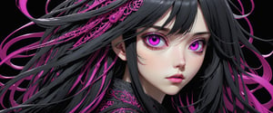 style of Tsutomu Nihei,
(incredibly absurdres, (high resolution:1.18), intricate detail, (masterpiece:1.1), (highest quality:1.1), absurdres) BREAK (1girl, solo, portrait, black hair, magenta eyes, long hair, detailed eyes), (black background)