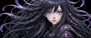 style of Tsutomu Nihei,
(incredibly absurdres, (high resolution:1.18), intricate detail, (masterpiece:1.1), (highest quality:1.1), absurdres) BREAK (1girl, solo, portrait, black hair, violet crystal eyes, long hair, detailed eyes), (black background)