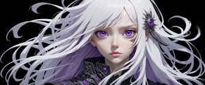 style of Tsutomu Nihei,
(incredibly absurdres, (high resolution:1.18), intricate detail, (masterpiece:1.1), (highest quality:1.1), absurdres) BREAK (1girl, solo, portrait, white hair, violet eyes, long hair, detailed eyes), black background