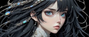 style of Tsutomu Nihei,
(incredibly absurdres, (high resolution:1.18), intricate detail, (masterpiece:1.1), (highest quality:1.1), absurdres) BREAK (1girl, solo, portrait, black hair, opal eyes, long hair, detailed eyes), black background