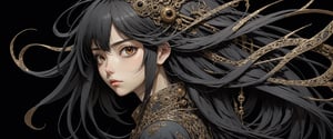 style of Tsutomu Nihei,
(incredibly absurdres, (high resolution:1.18), intricate detail, (masterpiece:1.1), (highest quality:1.1), absurdres) BREAK (1girl, solo, portrait, black hair, brown eyes, long hair, detailed eyes), (black background)