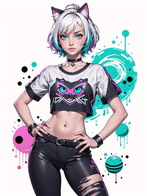 cat girl, cat ears, cyberpunk, short white hair, cosmic eyes, small breasts, crop top t-shirt, hand on hip, choker collar, wrist cuffs, realistic, solo, close up, graffiti, modern, design, white background, abstract, colorful, Grt2c