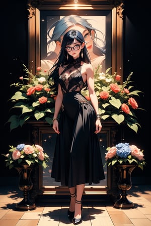 Beautiful 18 year old woman, (cosmic eyes), (strong physique), small breasts, blue hair, long_hair, (black glasses), vivid color bangs, hair between eyes, sexy look, vase of flowers, dutch masters, rembrant lighting, (extremely detailed CG unity 8k wallpaper), (((masterpiece))), (((best quality))), ((ultra-detailed)), (best illustration), (best shadow), ((an extremely delicate and beautiful)), ((full-body_portrait))