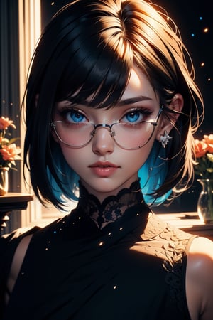 Beautiful 18 year old woman, (cosmic eyes), (strong physique), small breasts, blue hair, long hair, (black glasses), vivid color bangs, hair between eyes, seductive face, sexy look, vase of flowers, dutch masters, landscape painting in background, cinematic lighting, (extremely detailed CG unity 8k wallpaper), (((masterpiece))), (((best quality))), ((ultra-detailed)), (best illustration), (best shadow), ((an extremely delicate and beautiful)), ((full-body_portrait))
