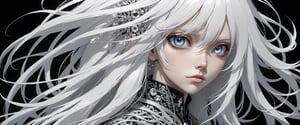style of Tsutomu Nihei,
(incredibly absurdres, (high resolution:1.18), intricate detail, (masterpiece:1.1), (highest quality:1.1), absurdres) BREAK (1girl, solo, portrait, white hair, white crystal eyes, long hair, detailed eyes), black background