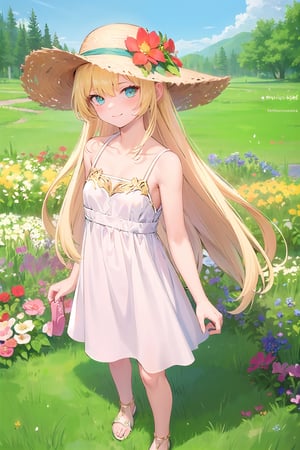 (masterpiece:1.4), (best quality:1.4), illustration, finely detailed, best detailed, clear picture, intricate details, portrait of a full body, light smile, blush, detailed background, 1girl, blonde_hair, ((golden hair)), (long_hair), cyan eyes, light cerulean eyes, looking_at_viewer, (((Criin Style))), legs, zettai_ryouiki, outdoor, ((sundress, mini dress, white dress, straw hat, white sandals, flat sandals, barefeet, middle breast)), scenery, ((day time, daytime, natural light, sunlight, sky, flower gardens, forest, in the field of flowers, from above)), wide_shot, wide shot, 