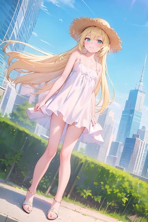 (masterpiece:1.4), (best quality:1.4), illustration, finely detailed, best detailed, clear picture, intricate details, portrait of a full body, light smile, blush, detailed background, 1girl, blonde_hair, ((golden hair)), (long_hair), cyan eyes, light cerulean eyes, looking_at_viewer, (((Criin Style))), legs, zettai_ryouiki, outdoor, ((sundress, mini dress, white dress, straw hat, white sandals, flat sandals, barefeet, middle breast)), scenery, ((day time, daytime, natural light, sunlight, sky, in the park, city, buildings, dutch angle)), wide_shot, wide shot, 