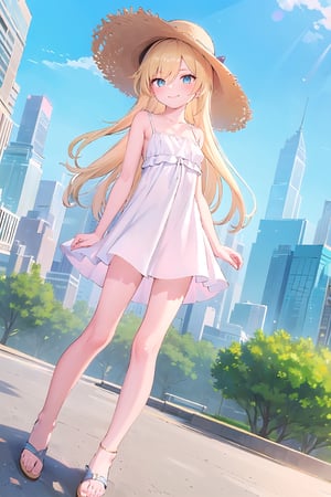 (masterpiece:1.4), (best quality:1.4), illustration, finely detailed, best detailed, clear picture, intricate details, portrait of a full body, light smile, blush, detailed background, 1girl, blonde_hair, ((golden hair)), (long_hair), cyan eyes, light cerulean eyes, looking_at_viewer, (((Criin Style))), legs, zettai_ryouiki, outdoor, ((sundress, mini dress, white dress, straw hat, white sandals, flat sandals, barefeet, middle breast)), scenery, ((day time, daytime, natural light, sunlight, sky, in the park, city, buildings, dutch angle)), wide_shot, wide shot, three sided view