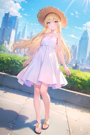 (masterpiece:1.4), (best quality:1.4), illustration, finely detailed, best detailed, clear picture, intricate details, portrait of a full body, light smile, blush, detailed background, 1girl, blonde_hair, ((golden hair)), (long_hair), cyan eyes, light cerulean eyes, looking_at_viewer, (((Criin Style))), legs, zettai_ryouiki, outdoor, ((sundress, mini dress, white dress, straw hat, white sandals, flat sandals, barefeet, middle breast)), scenery, ((day time, daytime, natural light, sunlight, sky, in the park, city, buildings, dutch angle)), wide_shot, wide shot, 