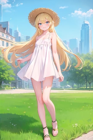 (masterpiece:1.4), (best quality:1.4), illustration, finely detailed, best detailed, clear picture, intricate details, portrait of a full body, light smile, blush, detailed background, 1girl, blonde_hair, ((golden hair)), (long_hair), cyan eyes, light cerulean eyes, looking_at_viewer, (((Criin Style))), legs, zettai_ryouiki, outdoor, ((sundress, mini dress, white dress, straw hat, white sandals, flat sandals, barefeet, middle breast)), scenery, ((day time, daytime, natural light, sunlight, sky, in the park, city, buildings)), perspective, depth of filed