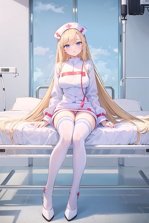(masterpiece:1.4), (best quality:1.4), illustration, finely detailed, best detailed, clear picture, intricate details, portrait of a full body, expressionless, blush, detailed background, 1girl, blonde_hair, ((golden hair)), (long_hair), sky blue eyes, looking_at_viewer, natural light, (((Criin Style))), legs, ((white thighhighs, white high heels)), sitting, zettai_ryouiki, mini_skirt, (((hospital, ward, nurse, nurse_outfit, nurse_uniform, pure white nurse, pure white nurse outfit, pure white nurse uniform, white nurse outfit, white nurse uniform))), 