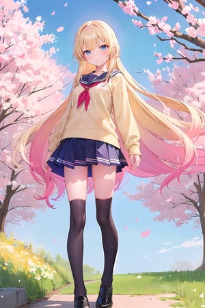 (masterpiece:1.4), (best quality:1.4), illustration, finely detailed, best detailed, clear picture, intricate details, portrait of a full body, expressionless, blush, detailed background, 1girl, blonde_hair, ((golden hair)), (long_hair), sky blue eyes, looking_at_viewer, natural light, (((Criin Style))), legs, black thighhighs, standing, school_uniform, seifuku, school_girl, black leather shoes, zettai_ryouiki, mini_skirt, (light yellow sweater), (school, sakura, falling cherry blossoms), 