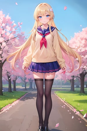 (masterpiece:1.4), (best quality:1.4), illustration, finely detailed, best detailed, clear picture, intricate details, portrait of a full body, expressionless, blush, detailed background, 1girl, blonde_hair, ((golden hair)), (long_hair), sky blue eyes, looking_at_viewer, natural light, (((Criin Style))), legs, black thighhighs, standing, school_uniform, seifuku, school_girl, black leather shoes, zettai_ryouiki, mini_skirt, (light yellow sweater), (school, sakura, falling cherry blossoms), 