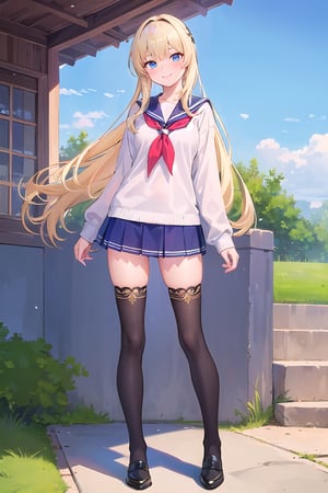 (masterpiece:1.4), (best quality:1.4), illustration, finely detailed, best detailed, clear picture, intricate details, portrait of a full body, light smile, blush, detailed background, 1girl, blonde_hair, ((golden hair)), (long_hair), sky blue eyes, looking_at_viewer, natural light, (((Criin Style))), legs, black thighhighs, standing, school_uniform, school_girl, leather shoes, zettai_ryouiki, mini_skirt,  sweater