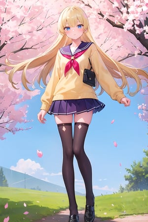 (masterpiece:1.4), (best quality:1.4), illustration, finely detailed, best detailed, clear picture, intricate details, portrait of a full body, expressionless, blush, detailed background, 1girl, blonde_hair, ((golden hair)), (long_hair), sky blue eyes, looking_at_viewer, natural light, (((Criin Style))), legs, black thighhighs, standing, school_uniform, seifuku, school_girl, black leather shoes, zettai_ryouiki, mini_skirt, (light yellow sweater), school, sakura, falling cherry blossoms, 
